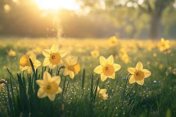 Obraz premium A cluster of vibrant yellow daffodils glistening with morning dew under the golden rays of the rising sun. A serene spring meadow filled with warmth and light