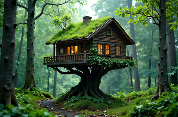 A wooden house that grows on a tree, the roof is covered with grass and a tree grows, ivy winds along the wall surrounded by forest. The concept of ecology, clean air, forest conservation