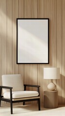 Minimalist Living Room with Blank Frame, Cozy Chair, and Soft Light on Wooden Wall