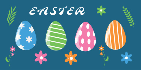 Set of easter eggs. Cute color flat eggs for greeting card in web design, print. Vector illustration