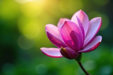 Obraz premium Aromatic purple magnolia blooms in the morning dew on a green stem, dew, floral, blossom