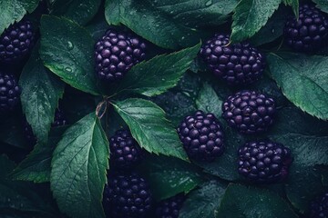 Fresh Blackberries Surrounded by Lush Green Leaves with Water Droplets Creating a Natural, Inviting Atmosphere for Health and Nutrition Themes