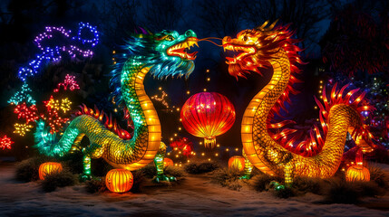 Obraz premium Illuminated Dragon Lanterns Night Scene