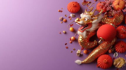 Naklejka premium Golden dragon with lanterns on purple festive background