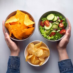 Generated image One hand holding bowl of vegetable salad, other holding chips. Healthy natural organic fresh