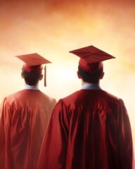 Graduates in red gowns looking towards a bright future