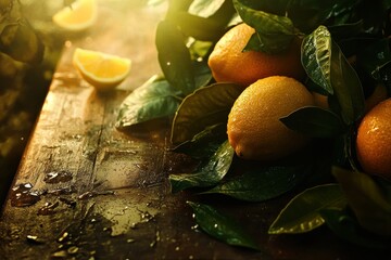 Fresh Juicy Lemons with Leaves on Weathered Wooden Surface Enhanced by Soft Natural Light Creating a Warm, Inviting Atmosphere