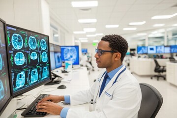 Advanced Medical Diagnostics Doctor Reviewing Brain Scans on Computer