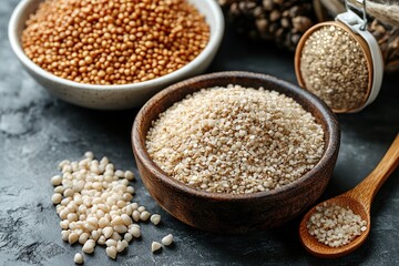 Close-up of various grains in wooden and white bowls on a dark surface.