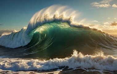 Majestic Ocean Wave Sunset Dramatic Green Hue White Foam