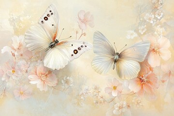 Elegant White Butterflies Amidst Delicate Floral Background with Soft Pastel Hues, Perfect for Nature and Spring-Themed Designs Reflecting Beauty and Grace