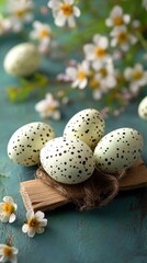 Obraz premium Easter eggs with black dots lying on wooden piece and turquoise table with flowers