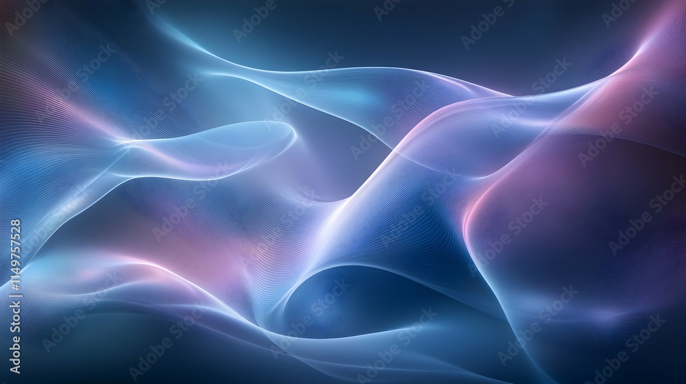 Wall mural Vivid 3D abstract background with fluid, wave-like structures in gradient hues of blue and purple, illuminated with soft ambient lighting