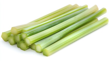 Fototapeta premium Fresh green stems, possibly vegetable, tightly bundled and cut, displayed on white background.