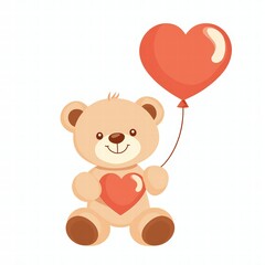 Cute Bear Holding Heart Balloon in Cartoon Style for Love and Friendship Themes