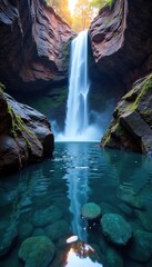 Naklejka premium Basalt columns reflected in the flowing water of a waterfall, reflection, waterfall