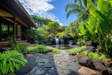 Serene Tropical Landscape with Lush Greenery, Tranquil Water Features, and Beautiful Stone Pathway Under Bright Blue Sky in a Relaxing Garden Oasis