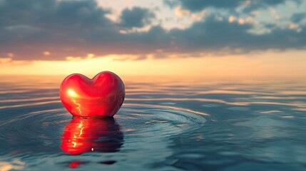Fototapeta premium A glowing red heart gently floating on calm water, surrounded by ripples under a serene and romantic sky.