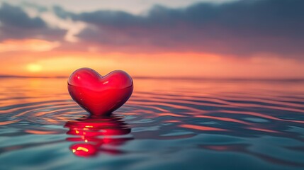 Fototapeta premium A glowing red heart gently floating on calm water, surrounded by ripples under a serene and romantic sky.