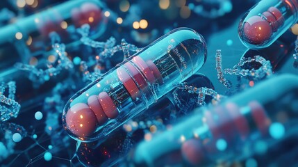 A high-tech depiction of nanomedicine, showcasing intricate polymeric capsules and futuristic medical tools. -