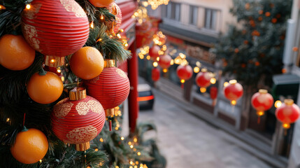 Festive red lanterns and oranges on decorated street