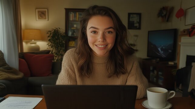 A cheerful woman engages with her audience via webcam, recording an online session at home. 