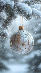 Elegant white christmas ornament hanging on snowy pine tree branch