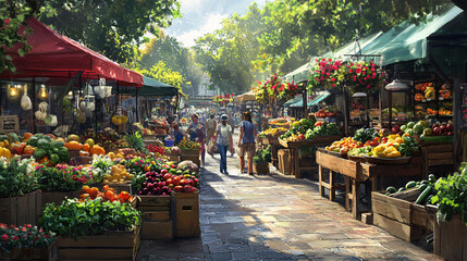 A bustling farmers' market scene, with stalls overflowing with fresh produce, flowers, and handmade goods, capturing the vibrant colors and textures of seasonal offerings. 