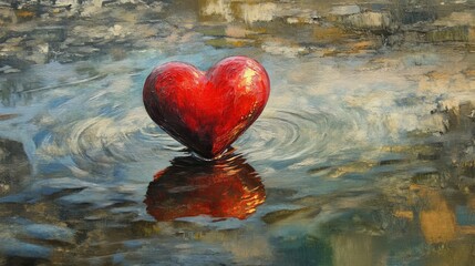 Fototapeta premium A vivid red heart floating on reflective water, its glow mirrored in the ripples beneath, evoking love and serenity.