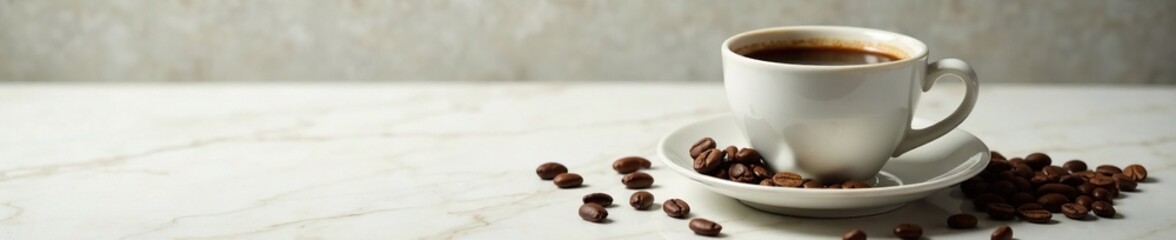 Naklejka premium Coffee saucer with coffee beans and freshly brewed coffee on a marble table top, coffee beans, morning, marble