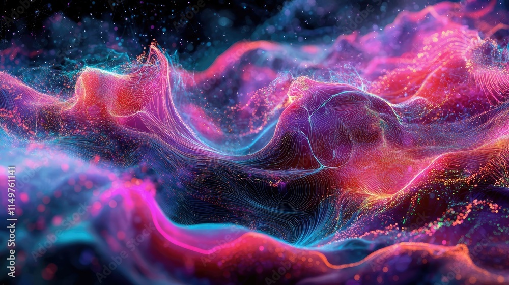 Poster Advanced data science visualization showing 3D flow patterns, neural connections, and analytics in an abstract digital background.