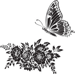 Detailed Black and White Butterfly Illustration with Floral Wing Design