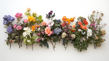 transition with flowers in multiple growth stages arranged on a white surface 