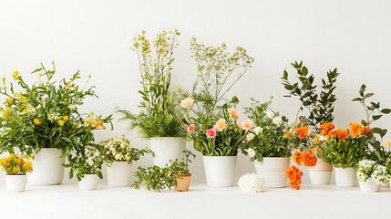 plants displayed with fresh flowers sprouting amidst clean white space 