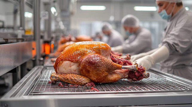 Workers process turkeys in an industrial meat processing facility during peak production hours