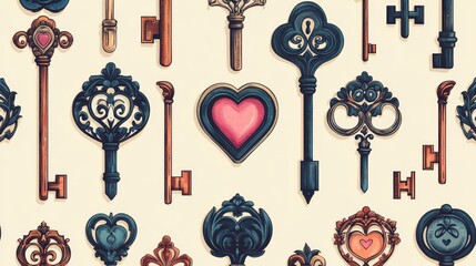 Heart shaped keys and small red hearts creating seamless romantic pattern on vintage background