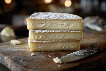 Slices of soft cheese resembling camembert on rustic wooden board with knife