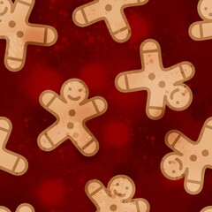 Abstract Hand Drawing Digital Painting Watercolor Cute Gingerbreads Christmas Concept Seamless Pattern Tie Dye Batik Background