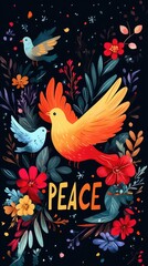 Birds flying around flowers symbolizing peace and harmony
