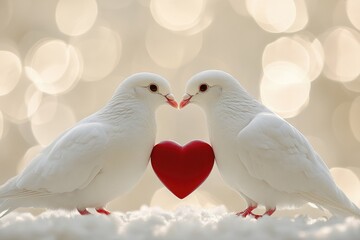 Fototapeta premium Two white doves kissing behind a red heart symbol of love
