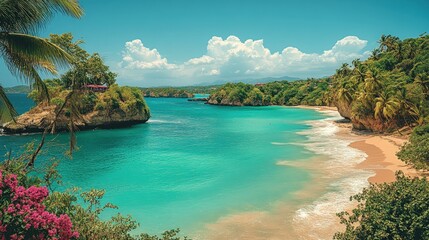 Fototapeta premium Secluded tropical beach, turquoise water, palm trees.