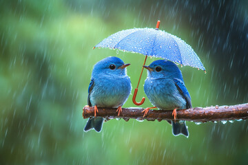 Obraz premium Two blue birds perched on the same branch in a gentle rain, with one holding an umbrella above its head to shield the other bird from getting wet, creating a heartwarming scene of friendship