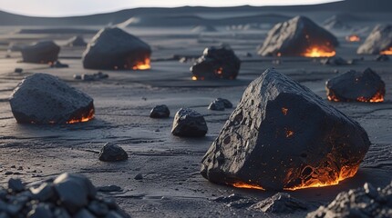 A collection of volcanic rocks scattered across a barren landscape, varying in size and shape, with rough, porous surfaces, subtle earthy tones,generative ai