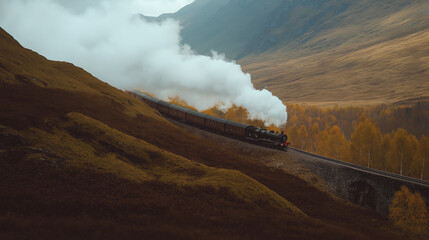 Steam Train Journey Through Misty Scottish Highlands Autumn Landscape Generative Ai.