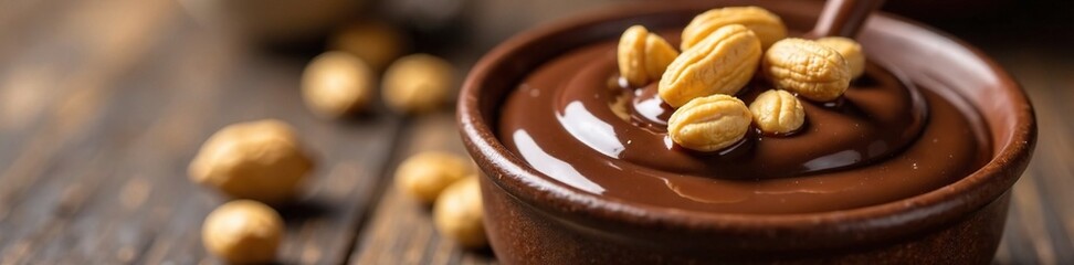 A bowl of melted chocolate with peanuts inside, dessert, melted chocolate, rich