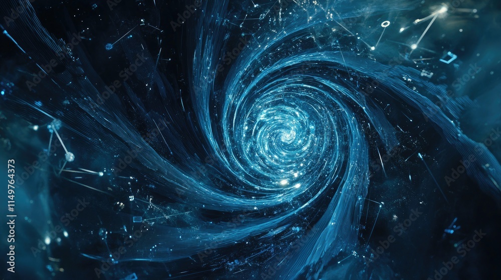 Poster big data analytics in a digital futuristic setting with swirling lines, blue tones, and algorithmic 