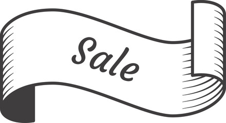 Vintage ribbon banner with sale writing for retail promotion and marketing campaign, simple and elegant design with curved shape and hatched texture