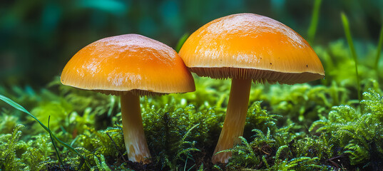 Close-Up of Two Orange Mushrooms Growing on a Green Mossy Forest Floor