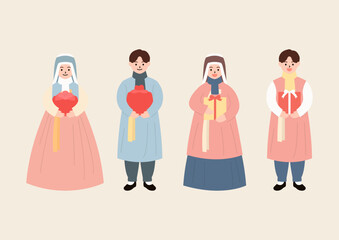 Vector illustration of people wearing hanbok