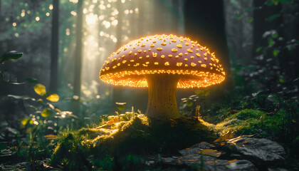 Fototapeta premium Glowing Mushroom Lit with Enchanting Lights in a Mystical Forest Scene